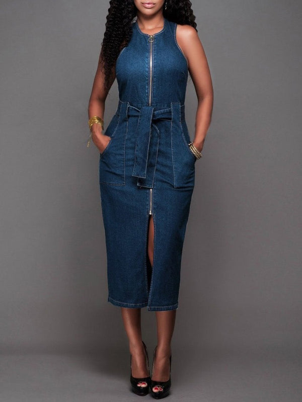 Women Elegant Sleeveless Denim Jean Dress with Zipper Belt - Dresses - INS | Online Fashion Free Shipping Clothing, Dresses, Tops, Shoes - 10/05/2021 - Color_Blue - DRE210510893