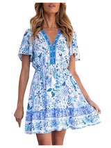 Women Floral Print Short Sleeve V Neck Mini Dress With Drawstring - Mini Dresses - INS | Online Fashion Free Shipping Clothing, Dresses, Tops, Shoes - 14/05/2021 - 140521 - Color_Blue