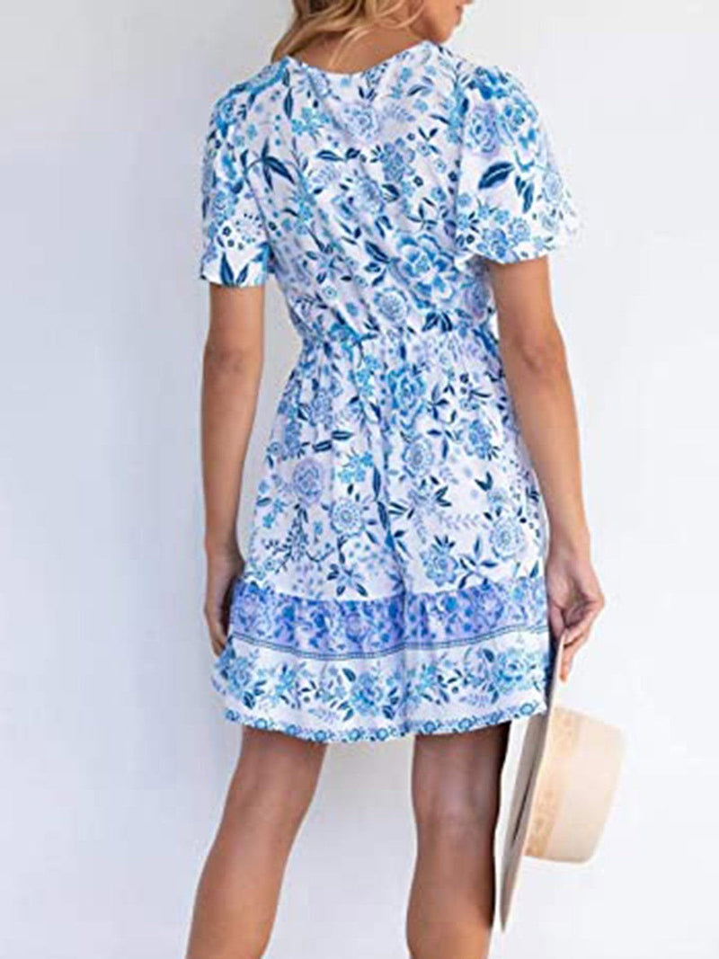 Women Floral Print Short Sleeve V Neck Mini Dress With Drawstring - Mini Dresses - INS | Online Fashion Free Shipping Clothing, Dresses, Tops, Shoes - 14/05/2021 - 140521 - Color_Blue