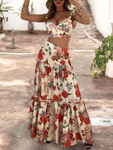 Women Floral Print Sleeveless Crop Top & Floor Length Maxi Skirt Set - Two-piece Outfits - INS | Online Fashion Free Shipping Clothing, Dresses, Tops, Shoes - 14/05/2021 - 140521 - Color_Red