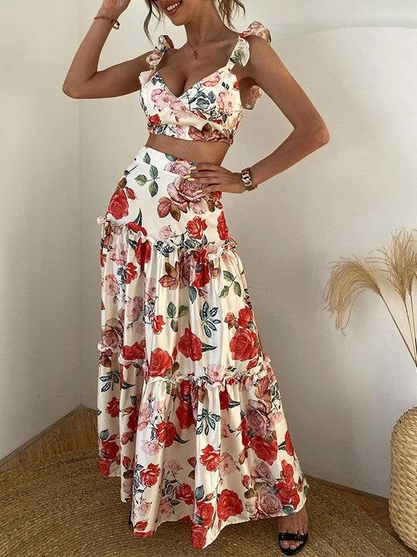 Women Floral Print Sleeveless Crop Top & Floor Length Maxi Skirt Set - Two-piece Outfits - INS | Online Fashion Free Shipping Clothing, Dresses, Tops, Shoes - 14/05/2021 - 140521 - Color_Red