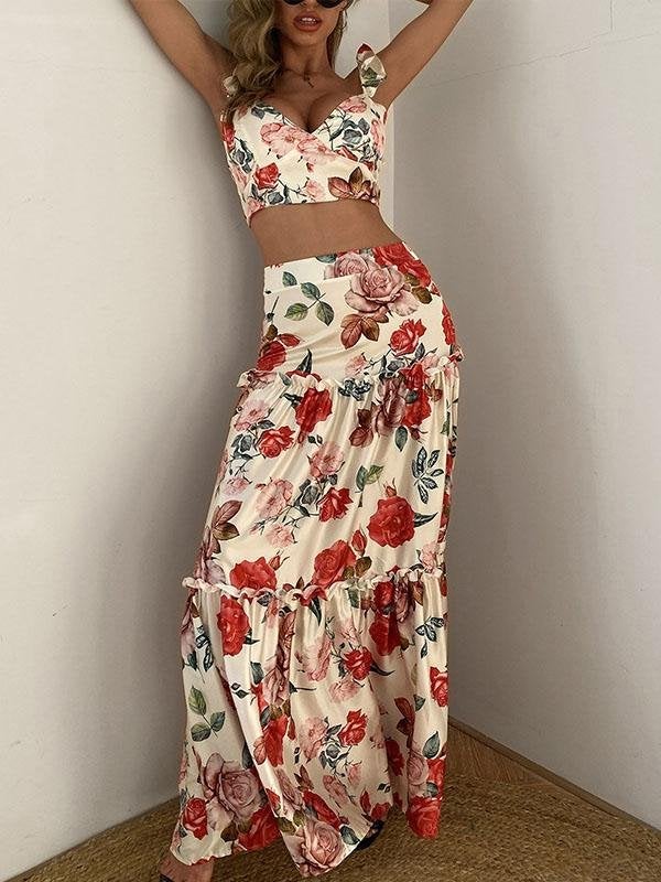 Women Floral Print Sleeveless Crop Top & Floor Length Maxi Skirt Set - Two-piece Outfits - INS | Online Fashion Free Shipping Clothing, Dresses, Tops, Shoes - 14/05/2021 - 140521 - Color_Red