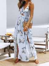 Women Floral Print Strapless Deep V Neck Split Hem Maxi Dress - Maxi Dresses - INS | Online Fashion Free Shipping Clothing, Dresses, Tops, Shoes - 14/05/2021 - 140521 - Color_Light Blue