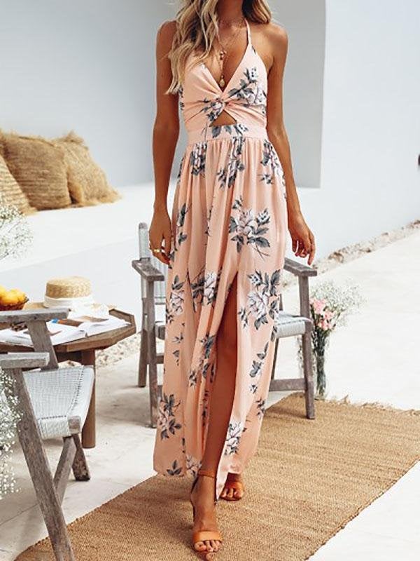 Women Floral Print Strapless Deep V Neck Split Hem Maxi Dress - Maxi Dresses - INS | Online Fashion Free Shipping Clothing, Dresses, Tops, Shoes - 14/05/2021 - 140521 - Color_Light Blue