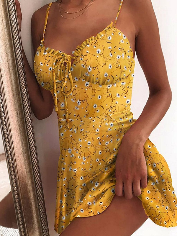 Women Floral Print Sweetheart Neck Cami Mini Dress - Mini Dresses - INS | Online Fashion Free Shipping Clothing, Dresses, Tops, Shoes - 17/05/2021 - Color_Orange - Color_Yellow