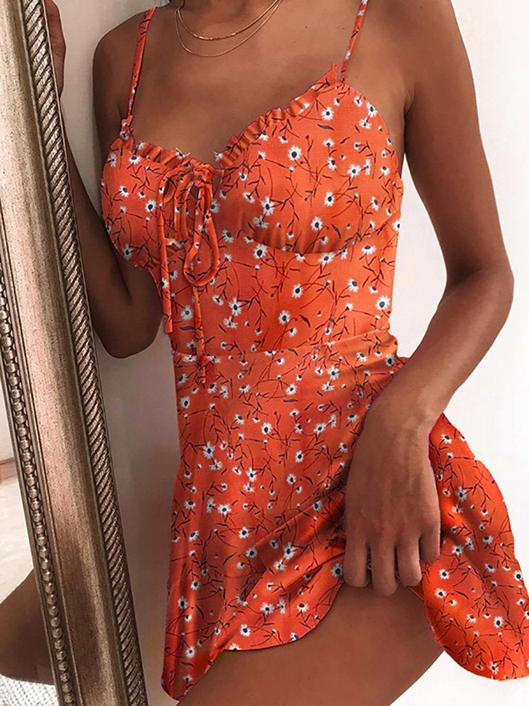 Women Floral Print Sweetheart Neck Cami Mini Dress - Mini Dresses - INS | Online Fashion Free Shipping Clothing, Dresses, Tops, Shoes - 17/05/2021 - Color_Orange - Color_Yellow