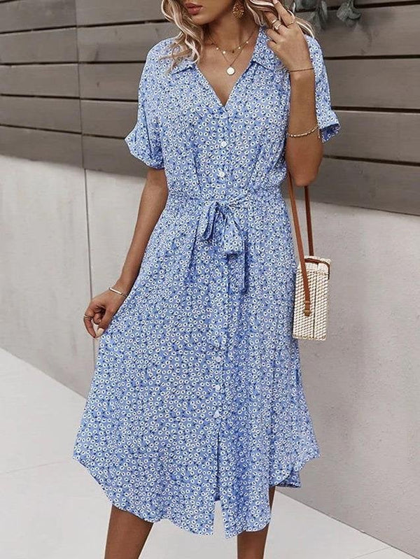 Women Floral Print V Neck Drawstring Belt Midi Dress - Midi Dresses - INS | Online Fashion Free Shipping Clothing, Dresses, Tops, Shoes - 17/05/2021 - Color_Green - Color_Sky Blue