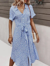 Women Floral Print V Neck Drawstring Belt Midi Dress - Midi Dresses - INS | Online Fashion Free Shipping Clothing, Dresses, Tops, Shoes - 17/05/2021 - Color_Green - Color_Sky Blue