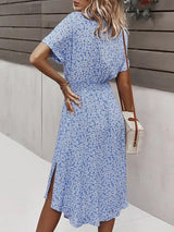 Women Floral Print V Neck Drawstring Belt Midi Dress - Midi Dresses - INS | Online Fashion Free Shipping Clothing, Dresses, Tops, Shoes - 17/05/2021 - Color_Green - Color_Sky Blue