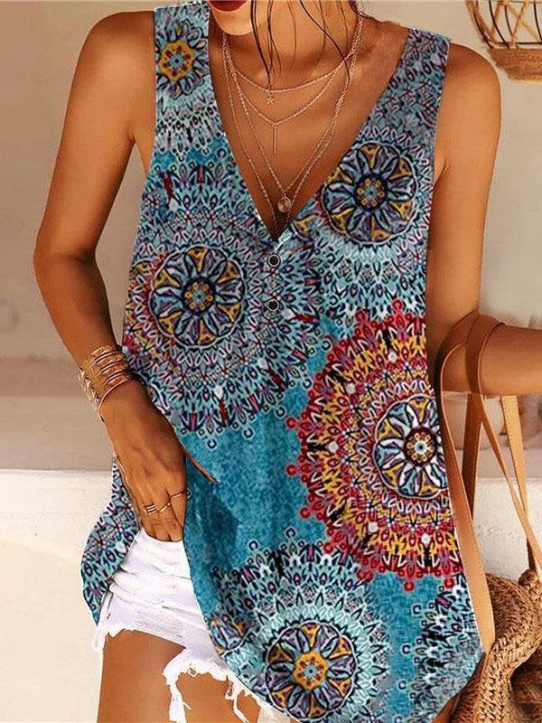 Women Floral Print V Neck Sleeveless Tank Top - Tank Tops - INS | Online Fashion Free Shipping Clothing, Dresses, Tops, Shoes - 12/05/2021 - 120521 - Color_Blue