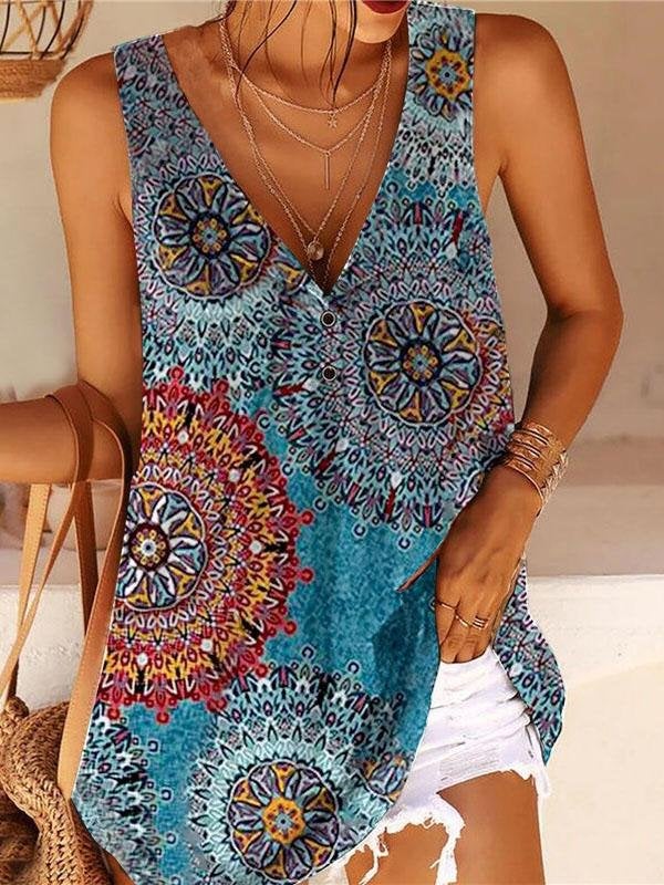 Women Floral Print V Neck Sleeveless Tank Top - Tank Tops - INS | Online Fashion Free Shipping Clothing, Dresses, Tops, Shoes - 12/05/2021 - 120521 - Color_Blue
