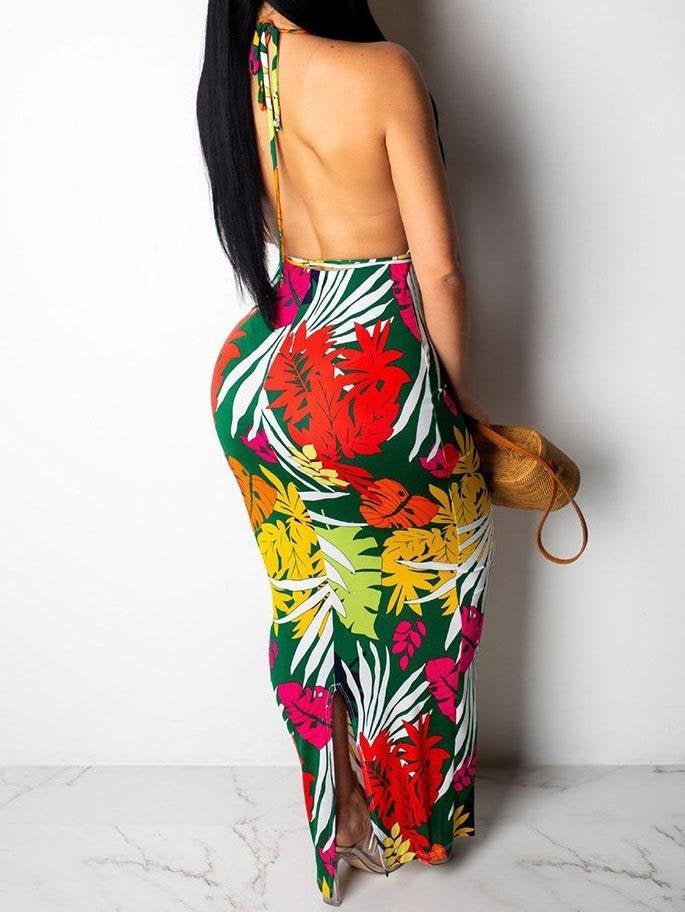 Women Floral Printed Halter Bandage Crop Top & Maxi Dress Sets - Two-piece Outfits - INS | Online Fashion Free Shipping Clothing, Dresses, Tops, Shoes - 17/05/2021 - Color_Multicolor - Set210519202
