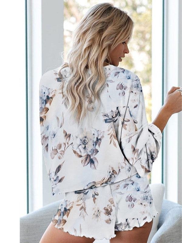 Women Floral Printed Ruffle Short Pajamas Set - Two-piece Outfits - INS | Online Fashion Free Shipping Clothing, Dresses, Tops, Shoes - 14/05/2021 - 140521 - Color_White
