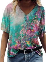 Women Floral Printed V Neck Short Sleeve T-shirts - T-shirts - INS | Online Fashion Free Shipping Clothing, Dresses, Tops, Shoes - 18/05/2021 - Color_Multicolor - Size_2XL