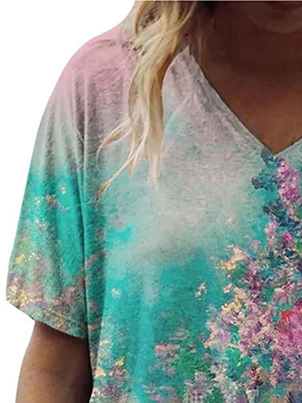 Women Floral Printed V Neck Short Sleeve T-shirts - T-shirts - INS | Online Fashion Free Shipping Clothing, Dresses, Tops, Shoes - 18/05/2021 - Color_Multicolor - Size_2XL