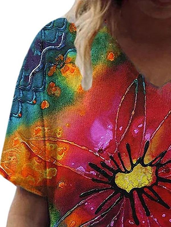 Women Flower Printed V Neck Short Sleeve T-shirts - T-shirts - INS | Online Fashion Free Shipping Clothing, Dresses, Tops, Shoes - 18/05/2021 - Color_Multicolor - Size_2XL