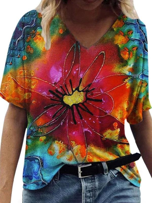 Women Flower Printed V Neck Short Sleeve T-shirts - T-shirts - INS | Online Fashion Free Shipping Clothing, Dresses, Tops, Shoes - 18/05/2021 - Color_Multicolor - Size_2XL