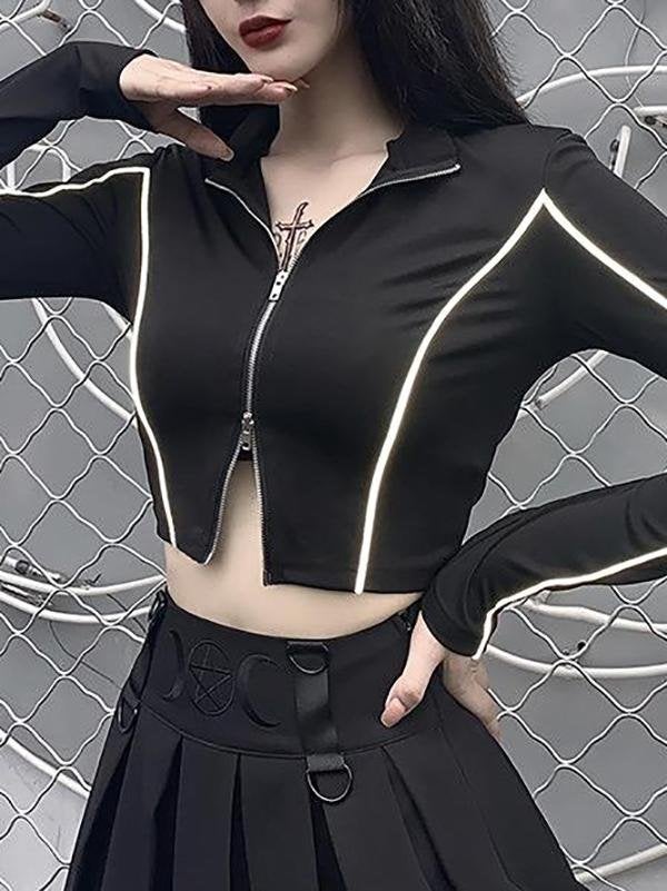 Women Future Sense Double Zippers Crop Top - Tops - INS | Online Fashion Free Shipping Clothing, Dresses, Tops, Shoes - Autumn - Black - Color_Black