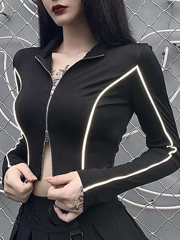 Women Future Sense Double Zippers Crop Top - Tops - INS | Online Fashion Free Shipping Clothing, Dresses, Tops, Shoes - Autumn - Black - Color_Black