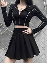 Women Future Sense Double Zippers Crop Top - Tops - INS | Online Fashion Free Shipping Clothing, Dresses, Tops, Shoes - Autumn - Black - Color_Black