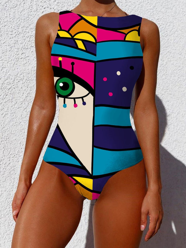 Women Graffiti Abstract Print Wide Straps High Neck Backless Slimming One Piece - Swimsuits - INS | Online Fashion Free Shipping Clothing, Dresses, Tops, Shoes - 16/03/2021 - Beach - Blue Eyes