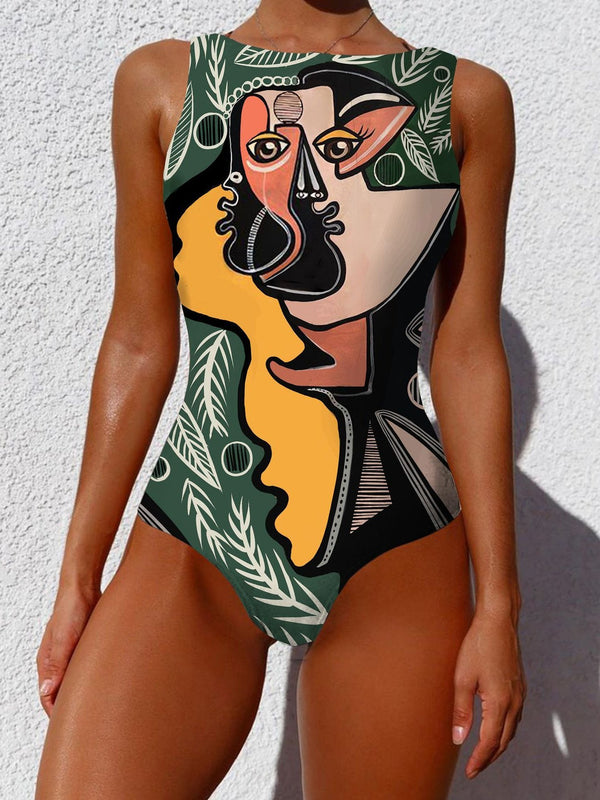 Women Graffiti Abstract Print Wide Straps High Neck Backless Slimming One Piece - Swimsuits - INS | Online Fashion Free Shipping Clothing, Dresses, Tops, Shoes - 16/03/2021 - Beach - Blue Eyes