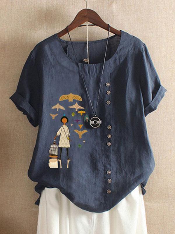Women Graphic Print Short Sleeve Round Neck T-shirts - T-shirts - INS | Online Fashion Free Shipping Clothing, Dresses, Tops, Shoes - 17/05/2021 - Color_Beige - Color_Dark Blue
