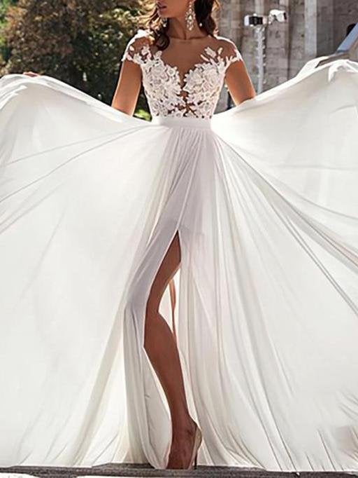 Women Lace Chiffon Split Maxi Wedding Dress - Wedding Dresses - INS | Online Fashion Free Shipping Clothing, Dresses, Tops, Shoes - 30/03/2021 - Color_White - Dresses