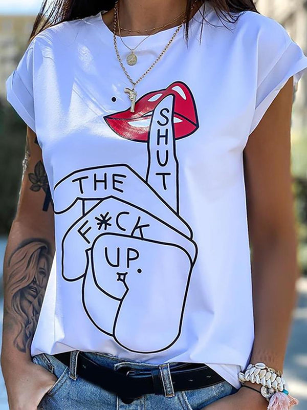 Women Lip Letter Finger Print Short Sleeve T-shirt - T-Shirts - INS | Online Fashion Free Shipping Clothing, Dresses, Tops, Shoes - 26/04/2021 - Color_White - Season_Summer