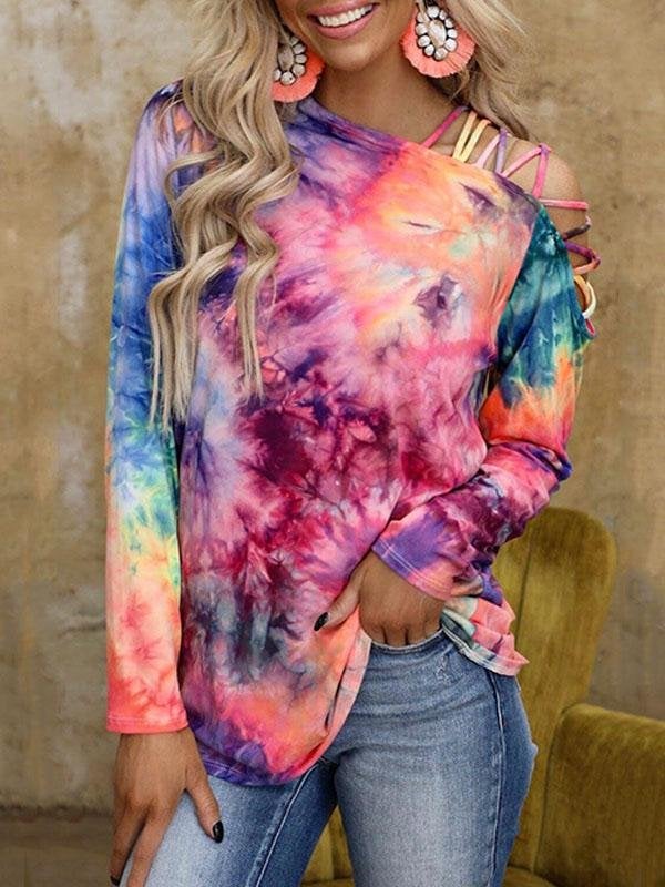 Women Long Sleeve Tie-Dye Bandage Shoulder Blouses & Shirts - Blouses & Shirts - INS | Online Fashion Free Shipping Clothing, Dresses, Tops, Shoes - 13/05/2021 - 130521 - BLO210518250