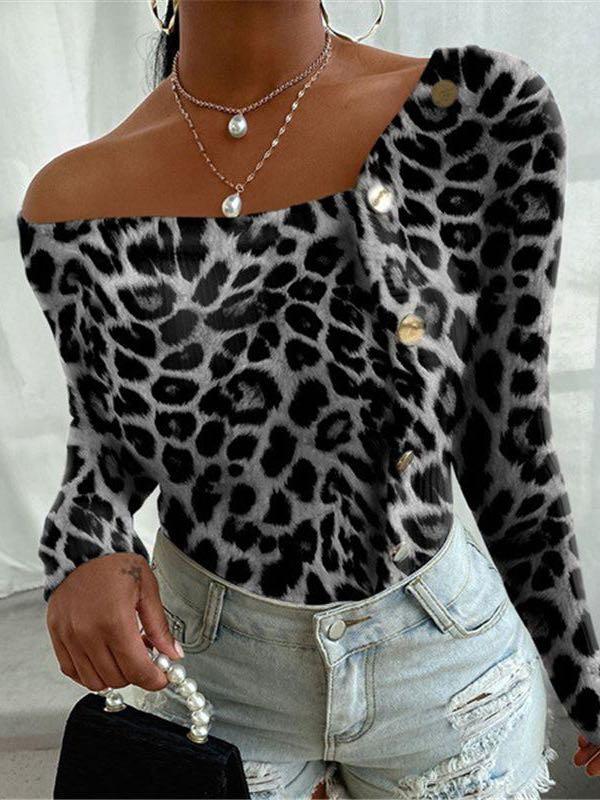 Women Off Shoulder Long Sleeve Leopard Print Top - INS | Online Fashion Free Shipping Clothing, Dresses, Tops, Shoes