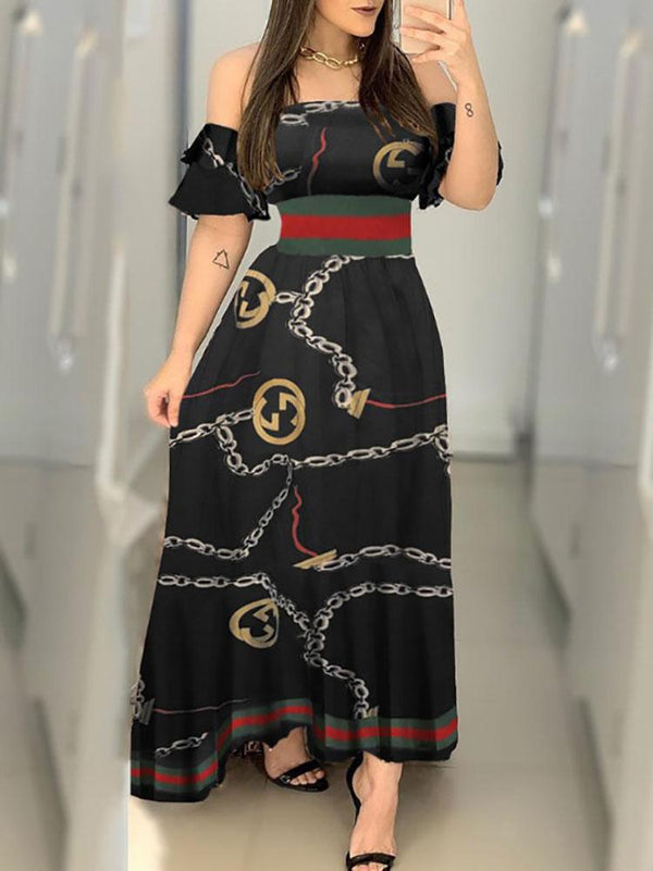 Women Off Shoulder Short Sleeve Graphic Print Dress - Dresses - INS | Online Fashion Free Shipping Clothing, Dresses, Tops, Shoes - 13/05/2021 - 130521 - Color_Black