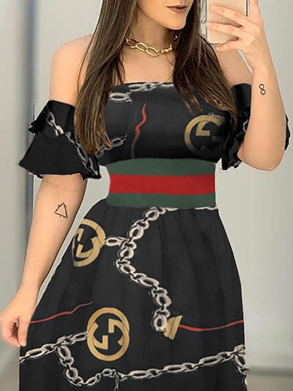 Women Off Shoulder Short Sleeve Graphic Print Dress - Dresses - INS | Online Fashion Free Shipping Clothing, Dresses, Tops, Shoes - 13/05/2021 - 130521 - Color_Black