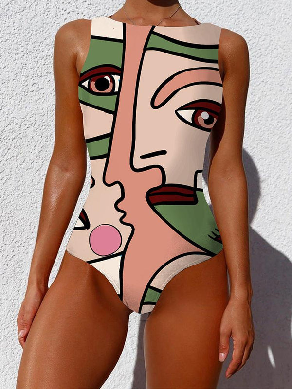 Women One Piece Graffiti Abstract Print Patchwork High Neck Sleeveless Slimming Swimsuit - Swimsuits - INS | Online Fashion Free Shipping Clothing, Dresses, Tops, Shoes - 16/03/2021 - Beach - Black Woman