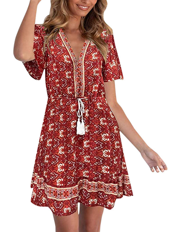 Women Paisley Print Short Sleeve V Neck Mini Dress With Drawstring - Mini Dresses - INS | Online Fashion Free Shipping Clothing, Dresses, Tops, Shoes - 14/05/2021 - 140521 - Color_Red