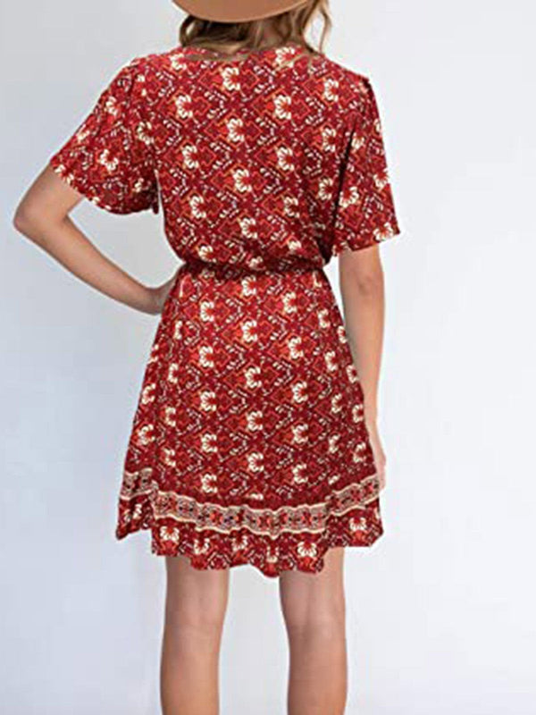 Women Paisley Print Short Sleeve V Neck Mini Dress With Drawstring - Mini Dresses - INS | Online Fashion Free Shipping Clothing, Dresses, Tops, Shoes - 14/05/2021 - 140521 - Color_Red