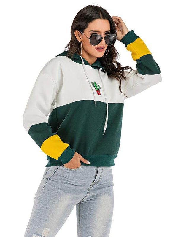 Women Patchwork Hooded Fleece Pullover