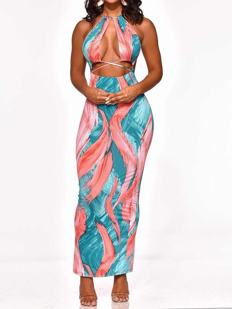 Women Printed Halter Bandage Crop Top & Maxi Dress Sets - Two-piece Outfits - INS | Online Fashion Free Shipping Clothing, Dresses, Tops, Shoes - 17/05/2021 - Color_Multicolor - Set210519199