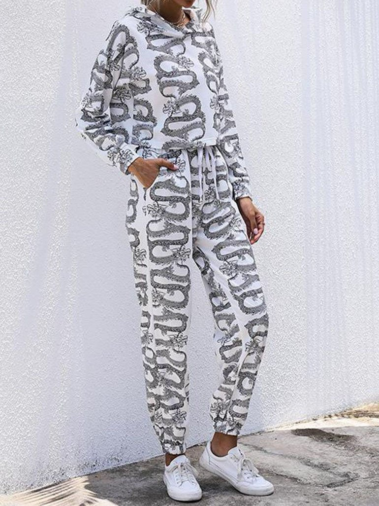 Women Printed Hooded Sportswear Suit - Loungewear - INS | Online Fashion Free Shipping Clothing, Dresses, Tops, Shoes - Casual - Color_White - Hoodies