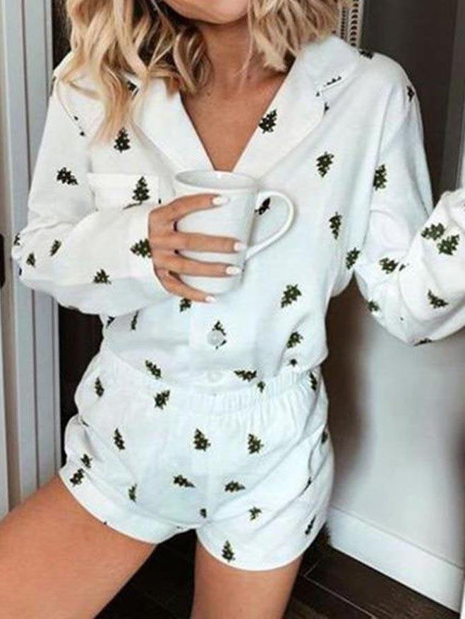 Women Printed Long Sleeve Short Pant Suit - Loungewear - INS | Online Fashion Free Shipping Clothing, Dresses, Tops, Shoes - 2XL - Color_White - L