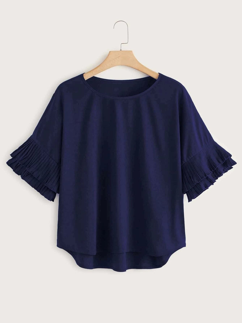 Women Round Collar Pleated Sleeves Top - INS | Online Fashion Free Shipping Clothing, Dresses, Tops, Shoes