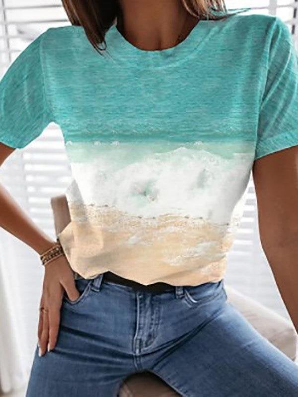 Women Scenery Printed Round Neck Short Sleeve T-shirts - T-shirts - INS | Online Fashion Free Shipping Clothing, Dresses, Tops, Shoes - 18/05/2021 - Color_Multicolor - Size_2XL