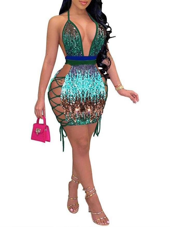 Women Sequin Sparkle Deep V Neck Bandage Side Mini Dress - Mini Dresses - INS | Online Fashion Free Shipping Clothing, Dresses, Tops, Shoes - 13/05/2021 - 130521 - Color_Blue