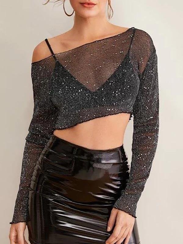 Women Sequin Transparent Sheer Top - Tops - INS | Online Fashion Free Shipping Clothing, Dresses, Tops, Shoes - Black - Color_Black - L