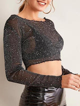 Women Sequin Transparent Sheer Top - Tops - INS | Online Fashion Free Shipping Clothing, Dresses, Tops, Shoes - Black - Color_Black - L