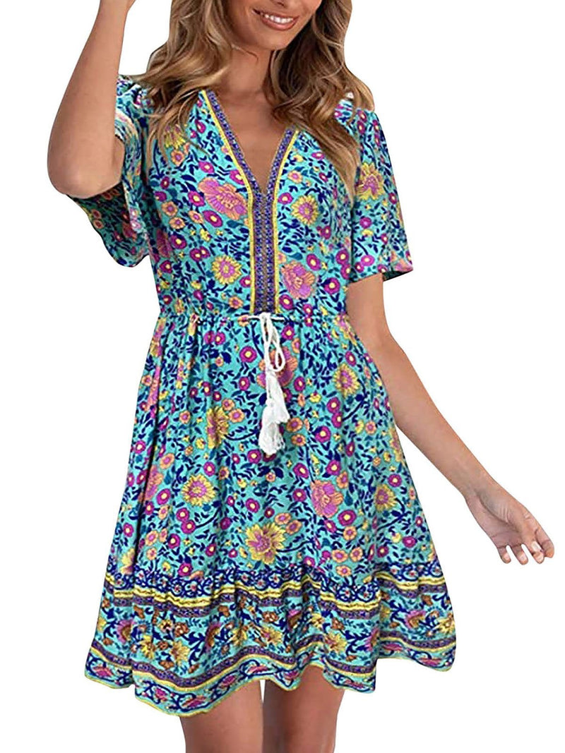 Women Short Sleeve V Neck Mini Dress With Drawstring - Mini Dresses - INS | Online Fashion Free Shipping Clothing, Dresses, Tops, Shoes - 14/05/2021 - 140521 - Color_Blue