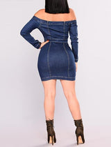 Women Slim Denim Bodycon Dress Off Shoulder Hip-Wrapped Mini Dress - Mini Dresses - INS | Online Fashion Free Shipping Clothing, Dresses, Tops, Shoes - 10/05/2021 - Color_Blue - DRE210510887