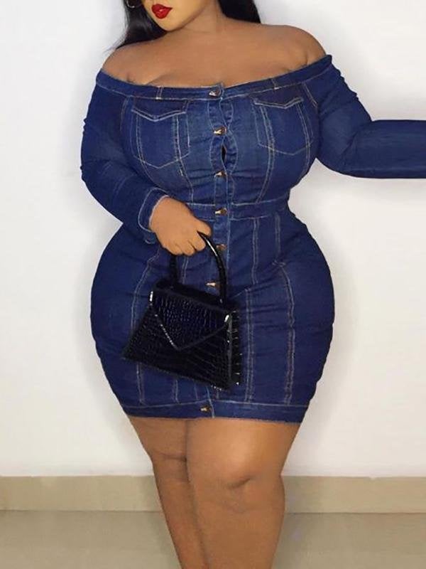 Women Slim Denim Bodycon Dress Off Shoulder Hip-Wrapped Mini Dress - Mini Dresses - INS | Online Fashion Free Shipping Clothing, Dresses, Tops, Shoes - 10/05/2021 - Color_Blue - DRE210510887