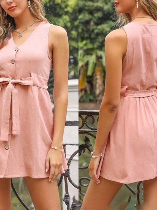 Women Solid Color Buttom Up Mini Dress With Belt - Mini Dresses - INS | Online Fashion Free Shipping Clothing, Dresses, Tops, Shoes - 13/05/2021 - 130521 - Color_Beige