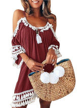 Women Solid Color Off Shoulder Strap Mini Dress - Mini Dresses - INS | Online Fashion Free Shipping Clothing, Dresses, Tops, Shoes - 17/05/2021 - Color_Blue - Color_Wine Red